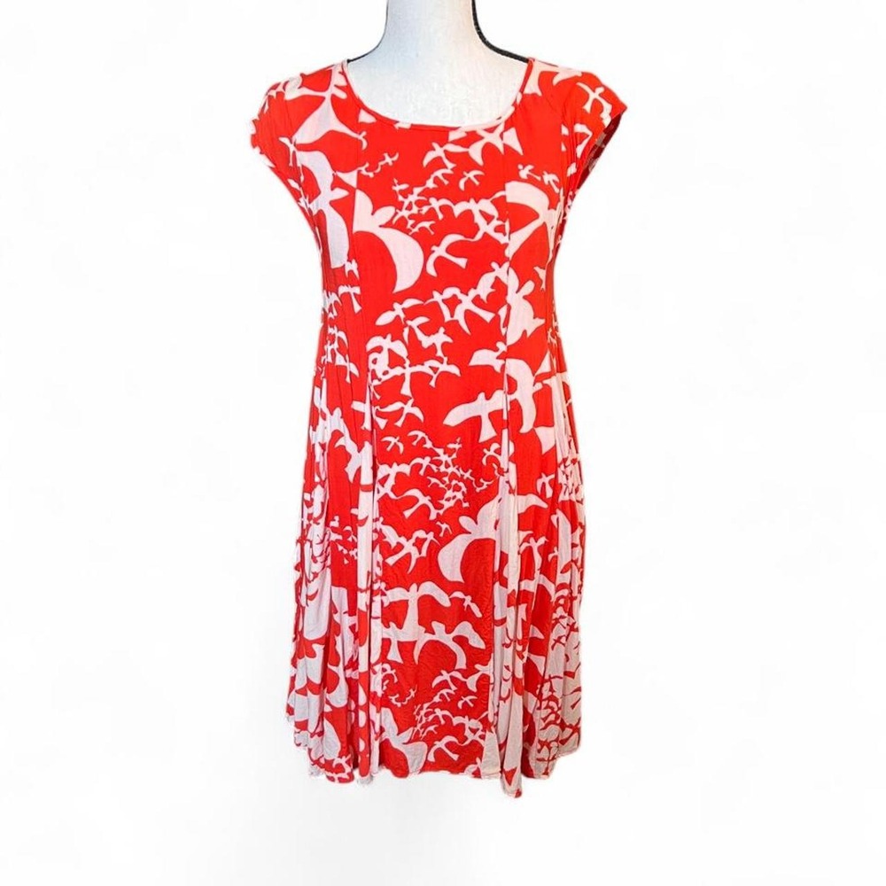Maeve Red & White Abstract Bird Print Swing Dress Women's XS Avant-Garde Chic